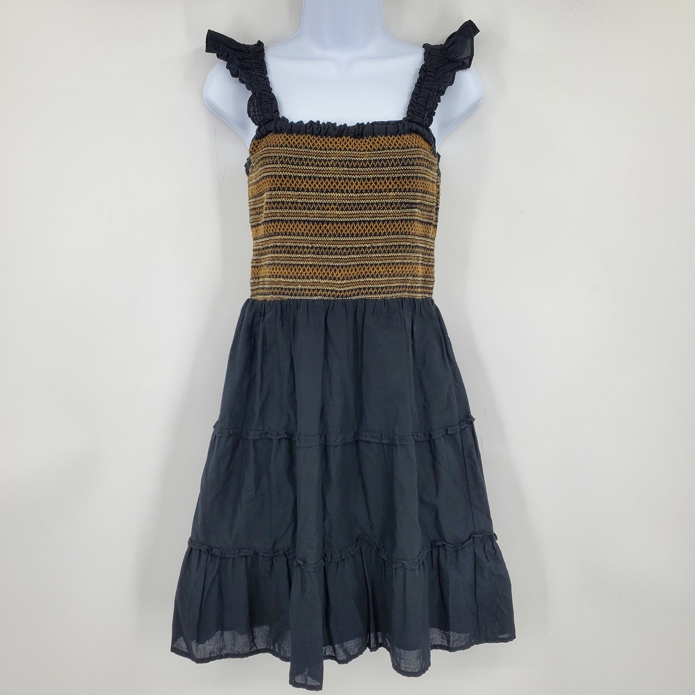 J. Crew Women's Smocked Tiered Cotton Black Brown Embroidered‎ Mini Dress XS